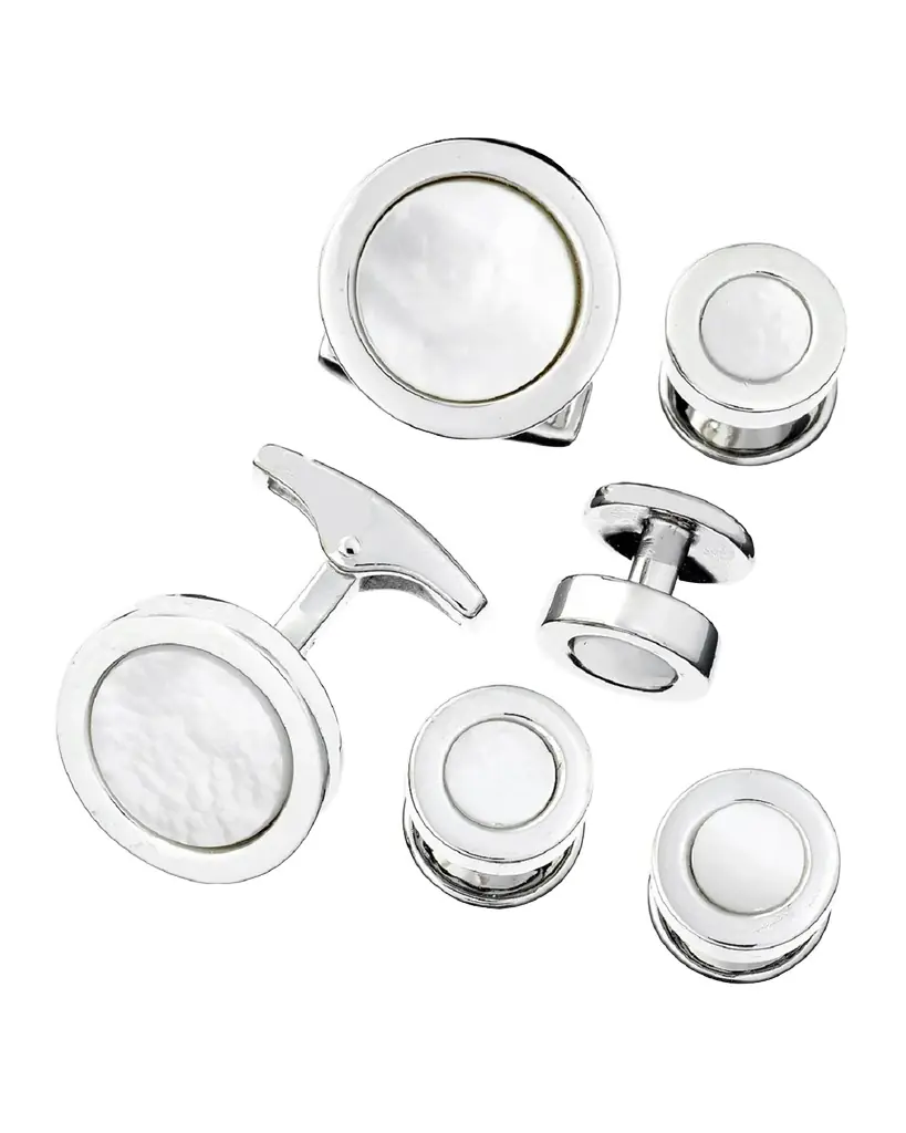 Jan Leslie Men 's 925 Round Mother-of-Pearl Cufflink Stud Set