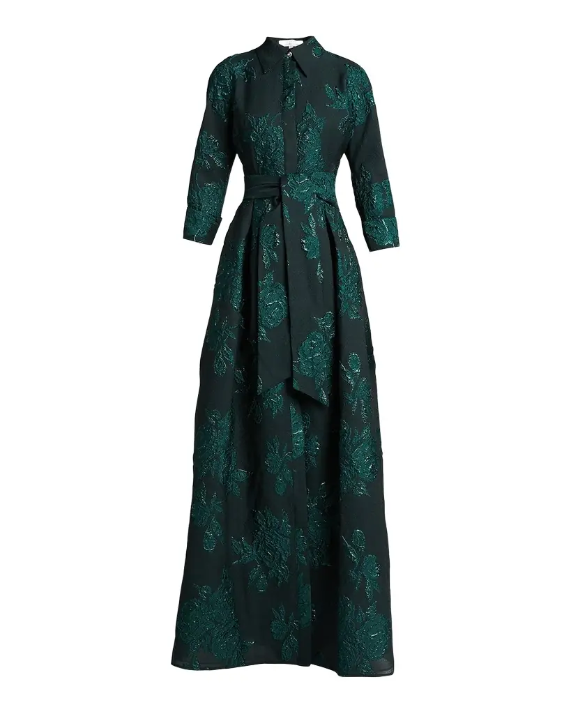 Rickie Freeman for Teri Jon Belted Jacquard Shirtdress Gown