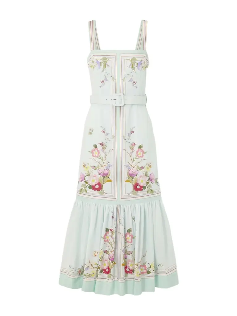 Self-Portrait Belted Floral-print Linen And Cotton-blend Midi Dress
