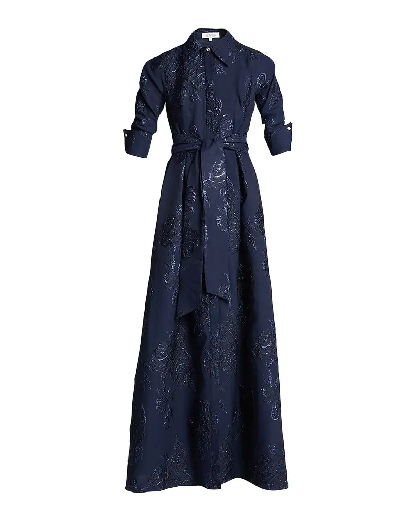 Rickie Freeman for Teri Jon Belted Jacquard Shirtdress Gown
