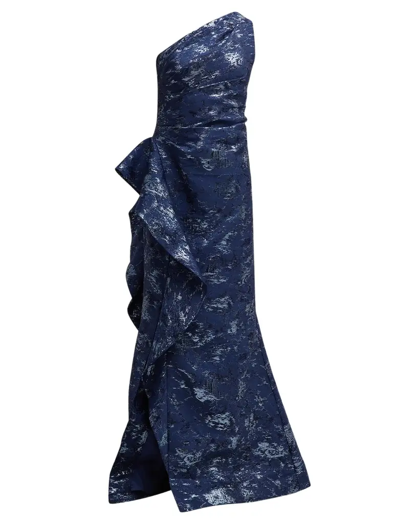Rickie Freeman for Teri Jon Metallic Jacquard One-Shoulder Side-Ruffle Gown