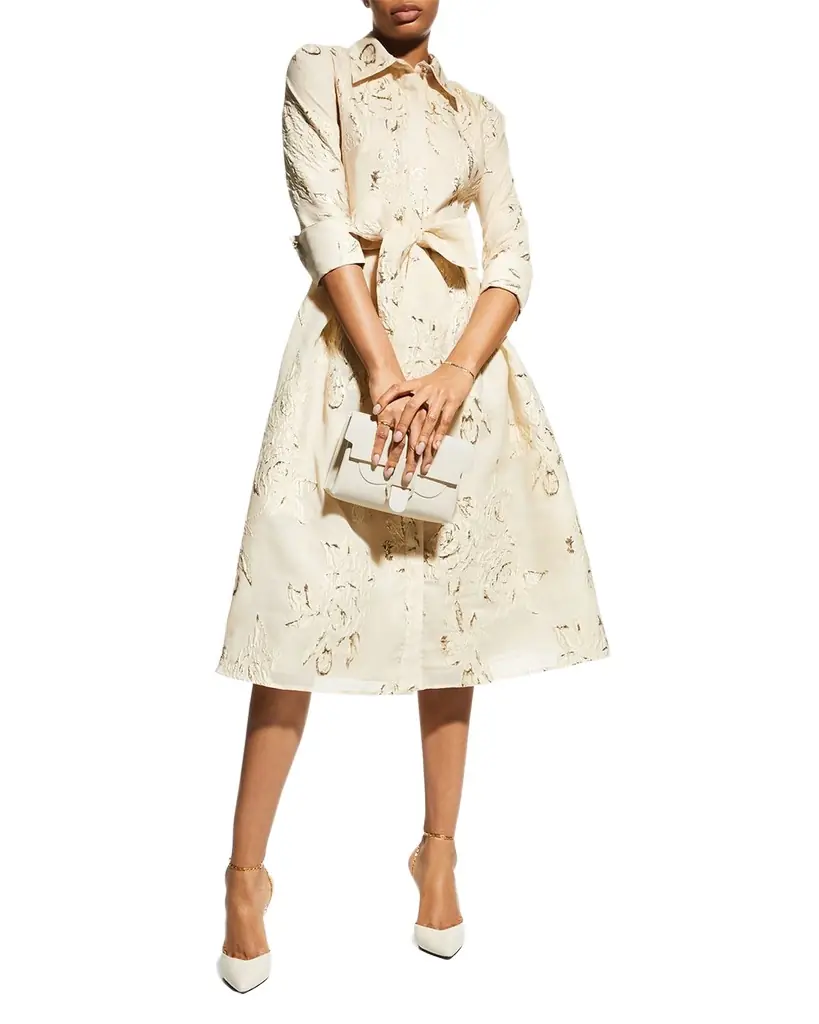 Rickie Freeman for Teri Jon Metallic Jacquard Belted Shirtdress