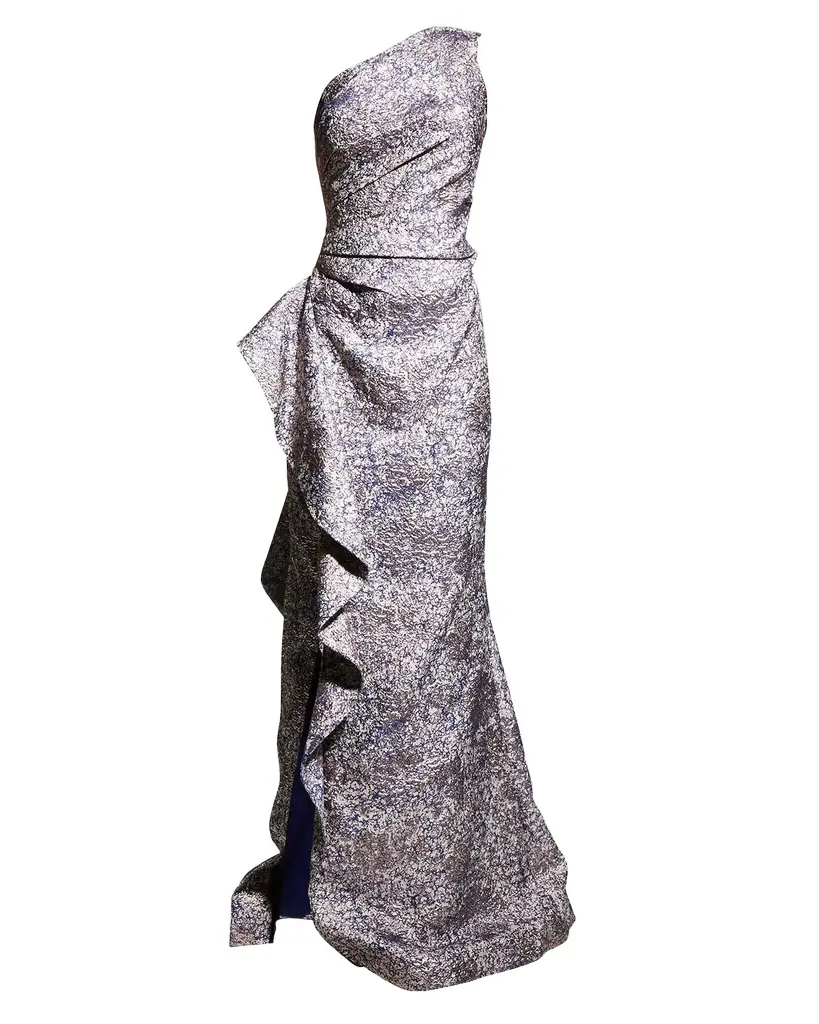 Rickie Freeman for Teri Jon One-Shoulder Jacquard Side-Ruffle Gown