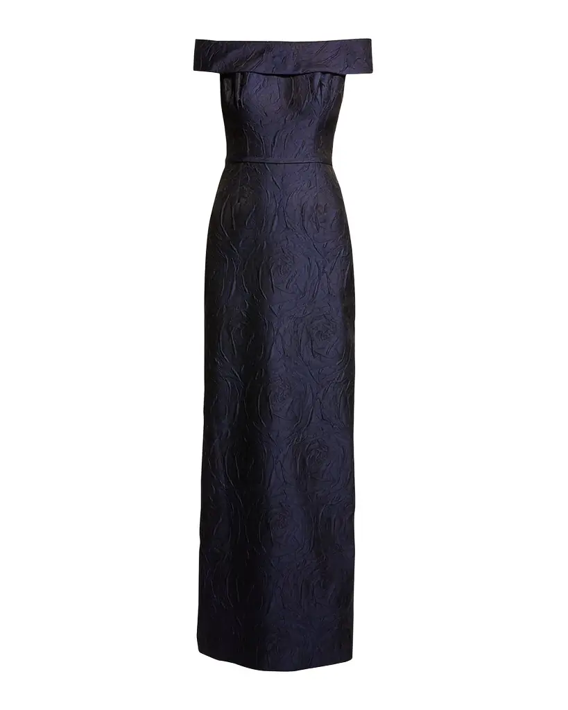 Rickie Freeman for Teri Jon Off-Shoulder Jacquard Column Gown