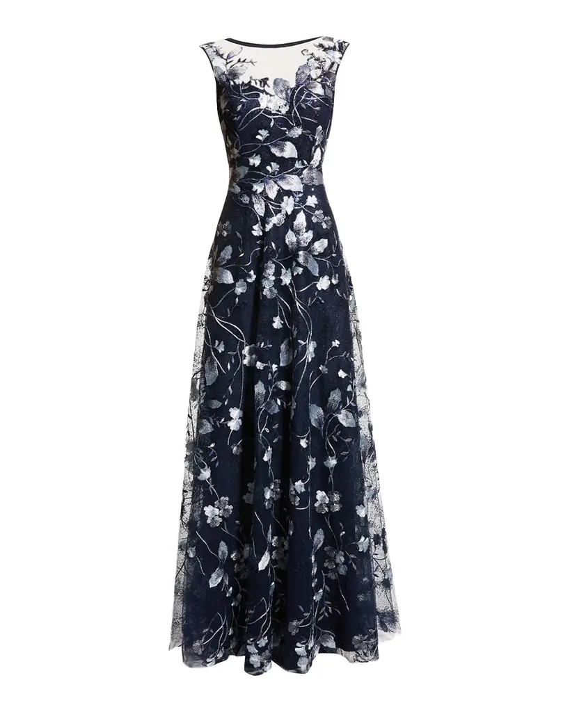 Rickie Freeman for Teri Jon Cap-Sleeve Embroidered Tulle A-Line Gown