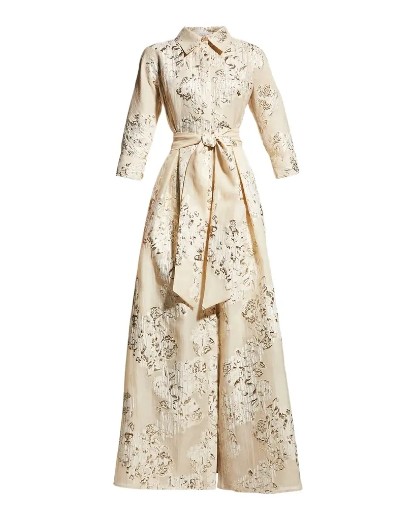 Rickie Freeman for Teri Jon Belted Jacquard Shirtdress Gown
