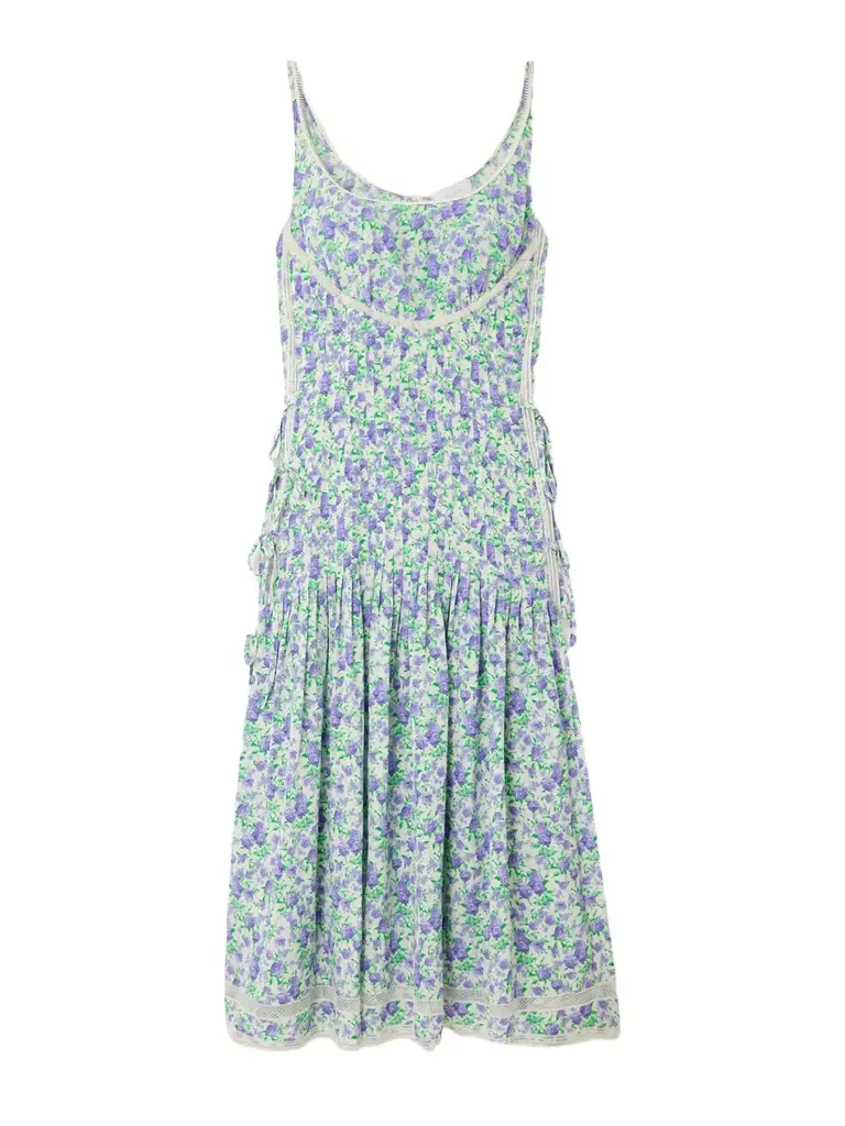 Rabanne Tie-detailed Lace-trimmed Pleated Floral-print Silk Midi Dress