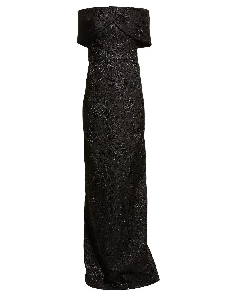 Rickie Freeman for Teri Jon Off-Shoulder Jacquard Column Gown