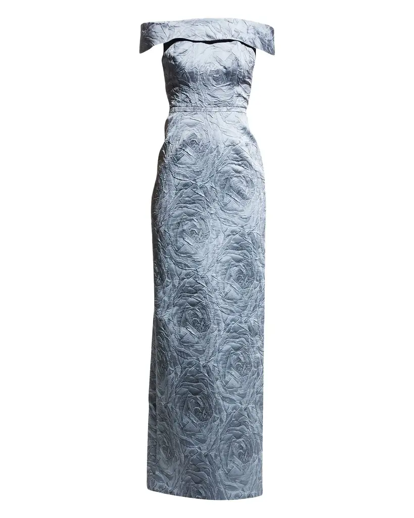 Rickie Freeman for Teri Jon Off-Shoulder Jacquard Column Gown
