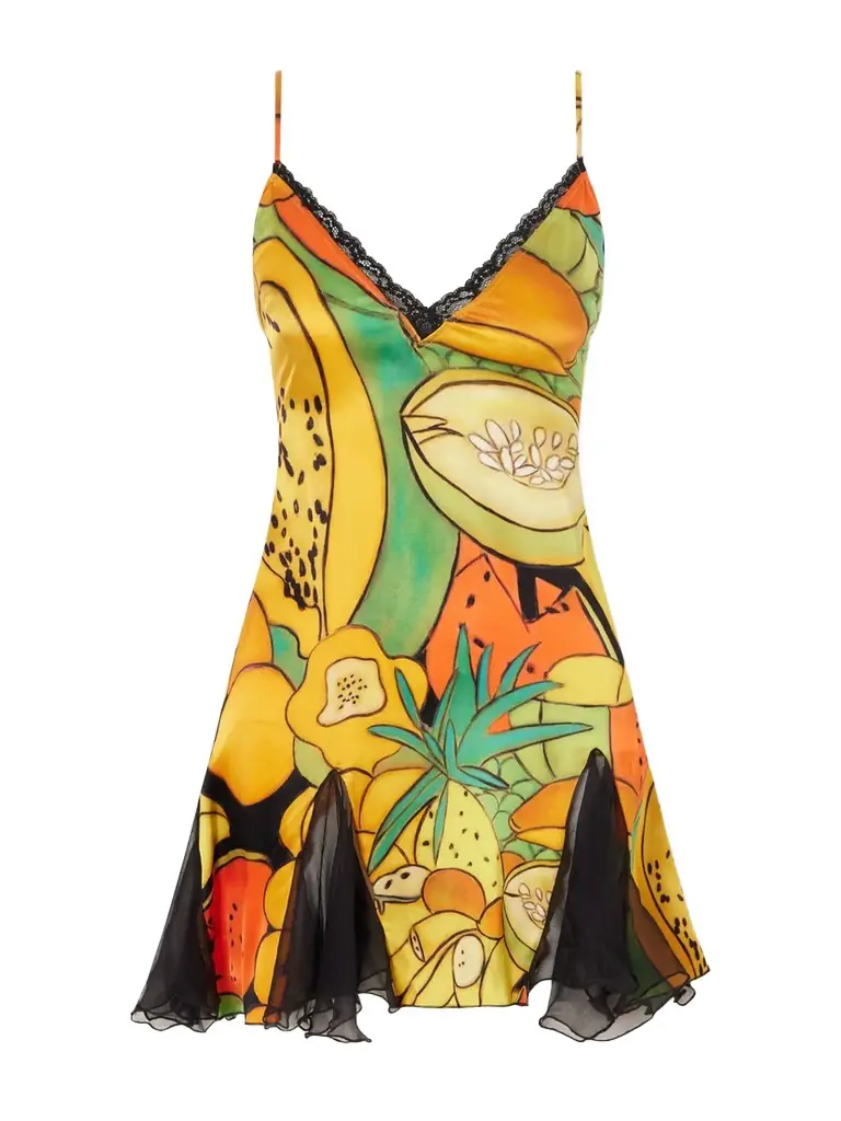 Donde Esteban Frutas Ruffled Lace-trimmed Printed Silk-blend Satin And Chiffon Mini Dress