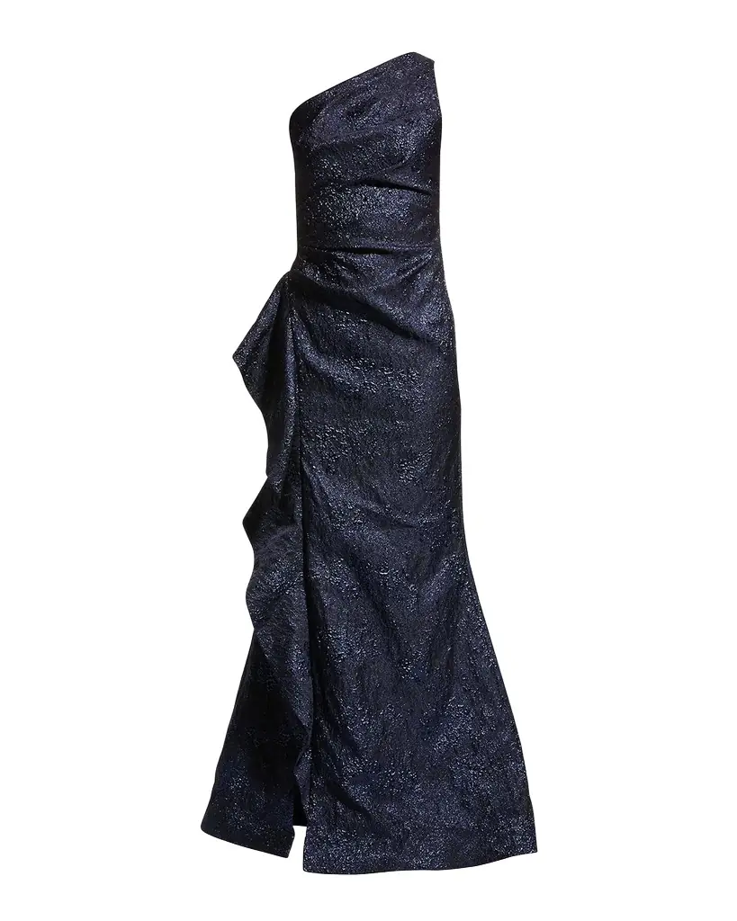 Rickie Freeman for Teri Jon One-Shoulder Jacquard Side-Ruffle Gown