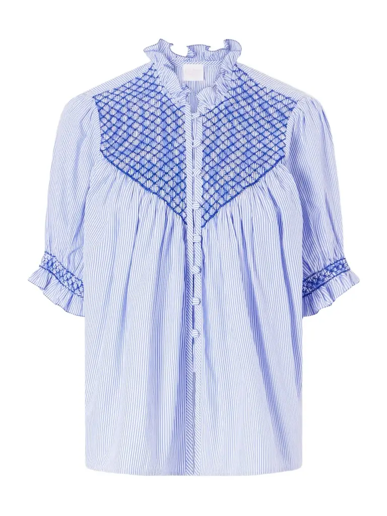 Loretta Caponi Milvia Shirred Striped Cotton-poplin Blouse