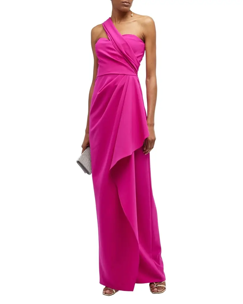 Rickie Freeman for Teri Jon One-Shoulder Draped Stretch Crepe Gown