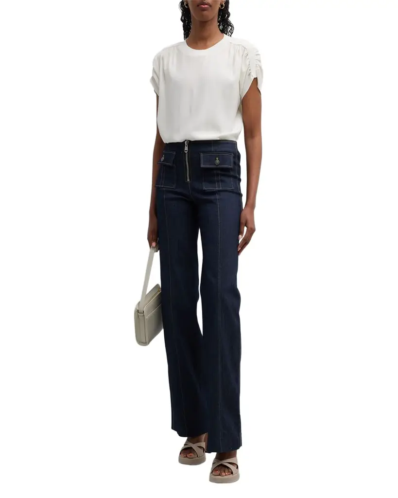 Cinq a Sept Lorainne Short Ruched-Sleeve Silk Top