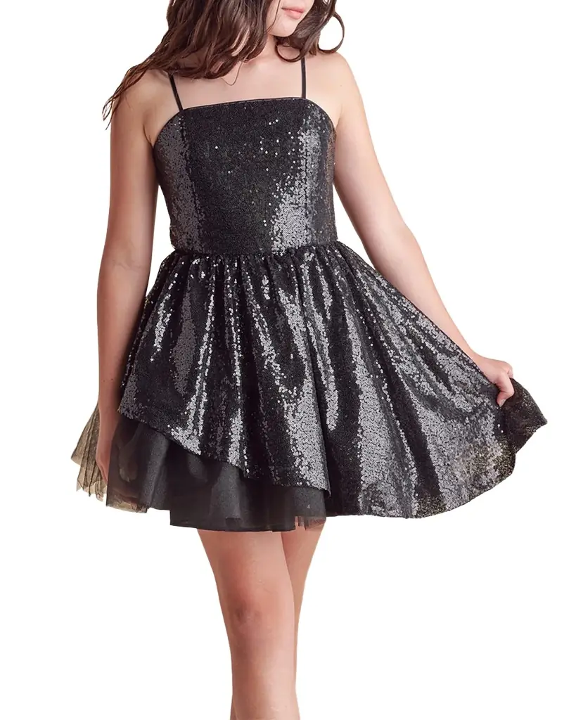 Un Deux Trois Girl 's Sequined Peek-a-Boo Tulle Dress