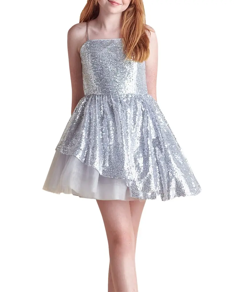 Un Deux Trois Girl 's Sequined Peek-a-Boo Tulle Dress