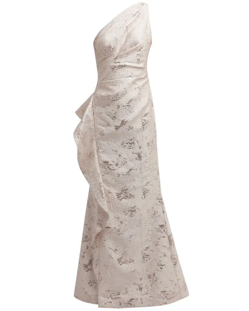 Rickie Freeman for Teri Jon Metallic Jacquard One-Shoulder Side-Ruffle Gown