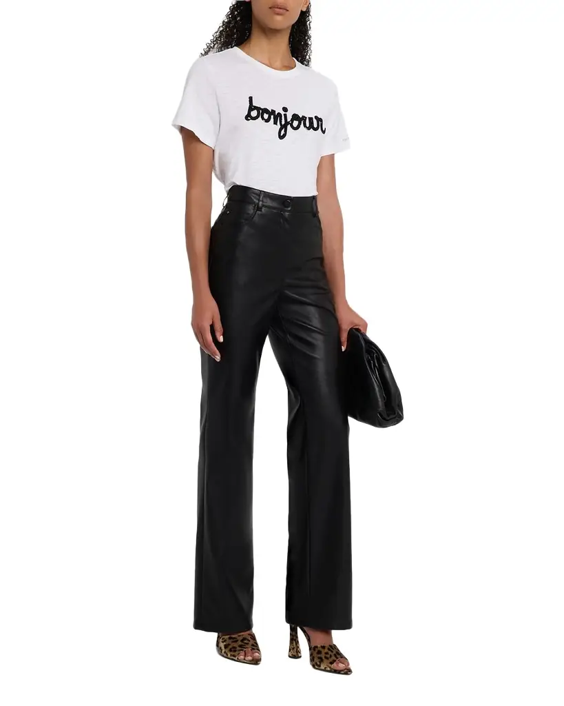 Cinq a Sept Bonjour Fringe Embroidered Shrunken T-Shirt