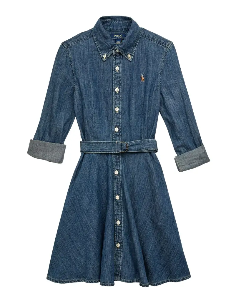 Polo Ralph Lauren Girl 's Denim Belted Shirt Dress, Size 7-