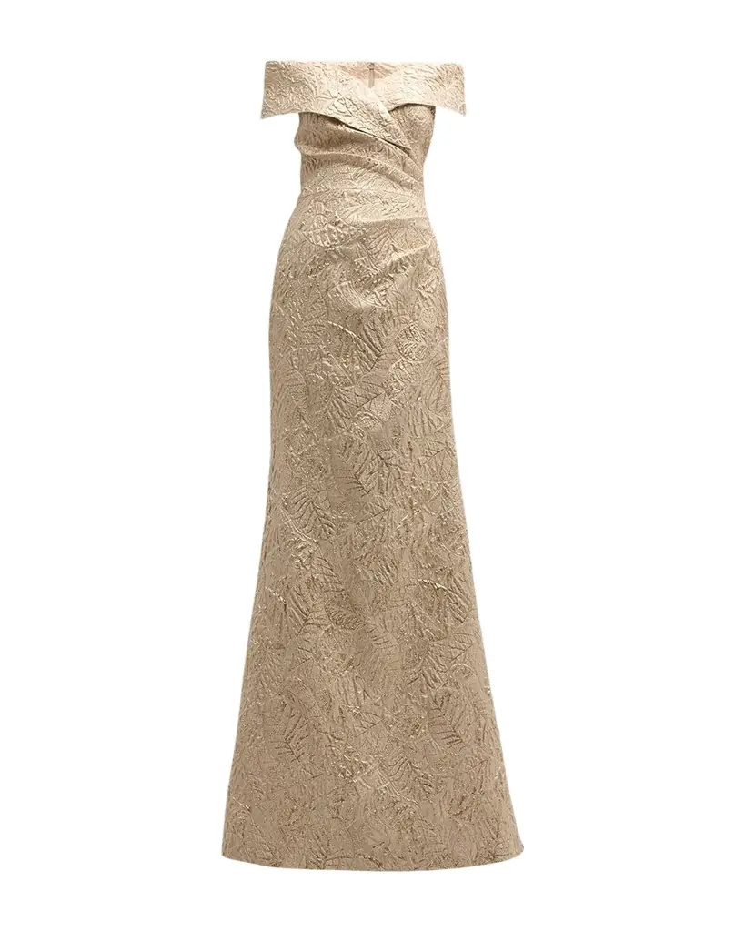 Rickie Freeman for Teri Jon Off-Shoulder Metallic Jacquard Gown