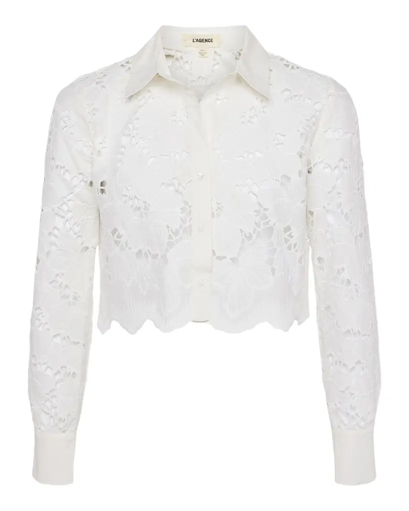 L 'Agence Seychelle Floral Eyelet-Embroidered Cropped Shirt