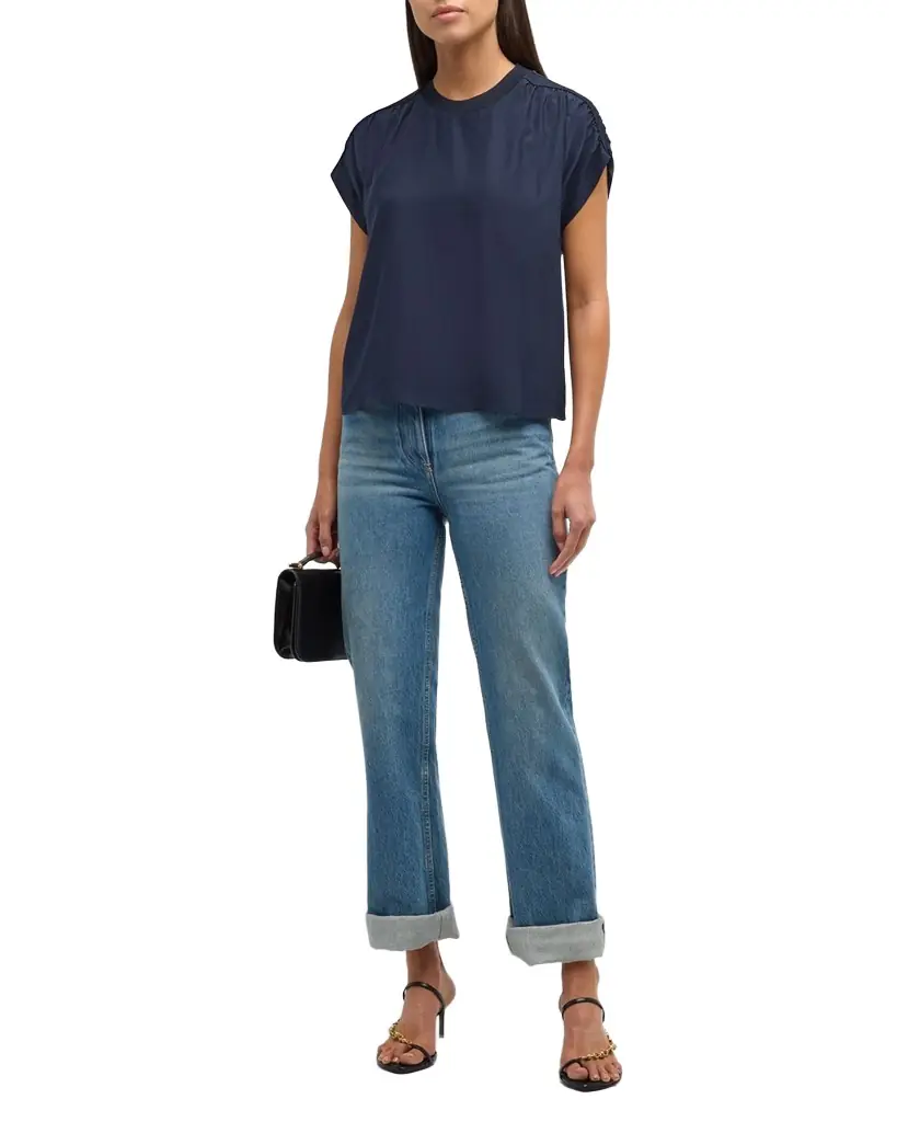 Cinq a Sept Lorainne Short Ruched-Sleeve Silk Top