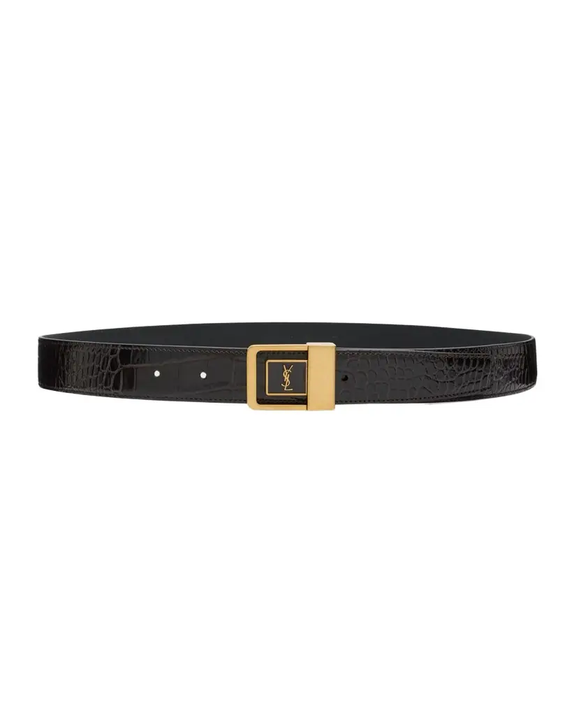 Saint Laurent Croc-Embossed Leather Square Buckle Belt