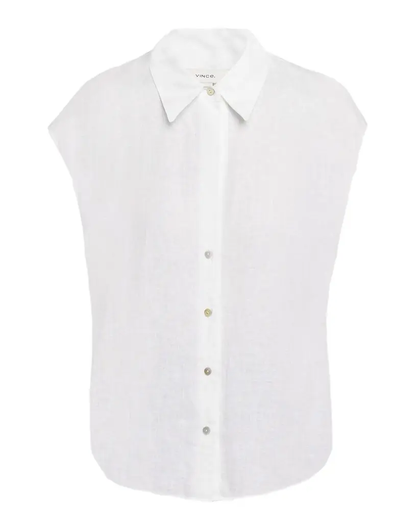 Vince Cap-Sleeve Linen Button-Front Blouse