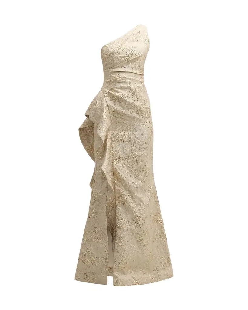 Rickie Freeman for Teri Jon One-Shoulder Jacquard Side-Ruffle Gown