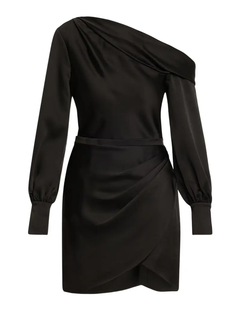 SIMKHAI Cameron One-Shoulder Wrap-Skirt Satin Mini Dress