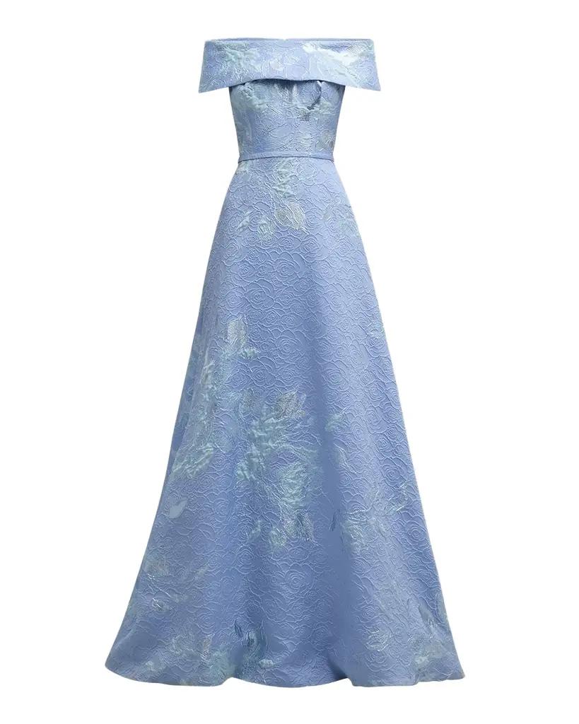 Rickie Freeman for Teri Jon Off-Shoulder Metallic Flower Jacquard Gown
