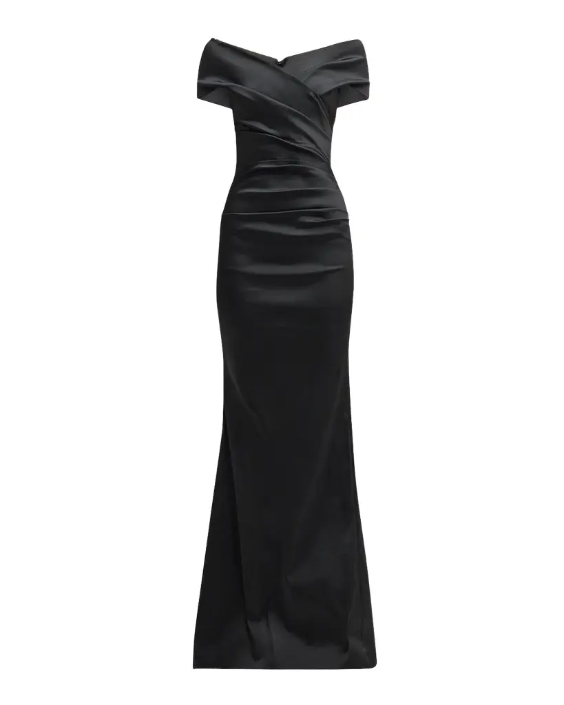 Rickie Freeman for Teri Jon Pleated Off-Shoulder Satin Column Gown