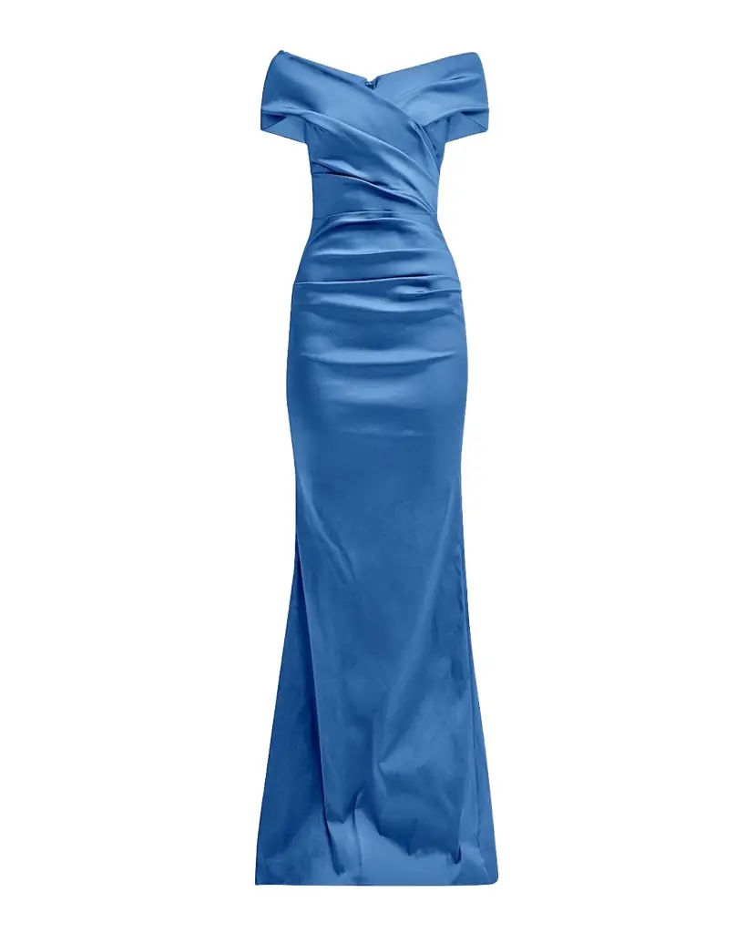 Rickie Freeman for Teri Jon Pleated Off-Shoulder Satin Column Gown