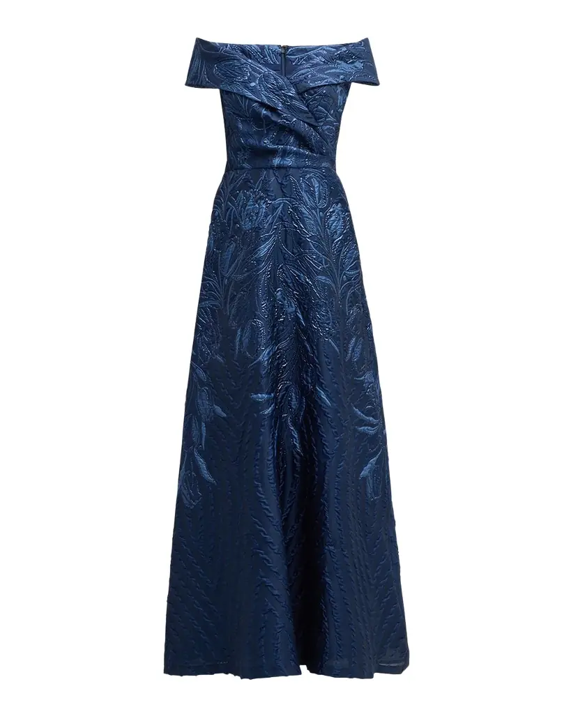Rickie Freeman for Teri Jon Off-Shoulder Metallic Jacquard Gown