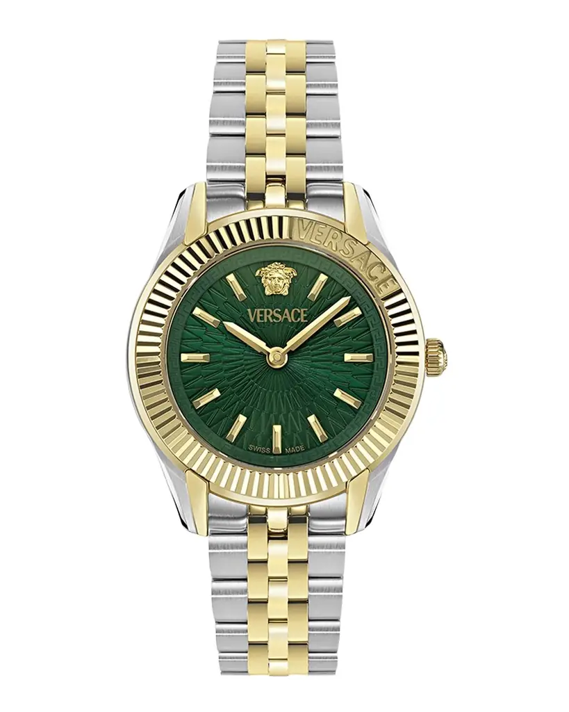 Versace 30mm Greca Time Watch with Bracelet Strap, Two Tone/Green