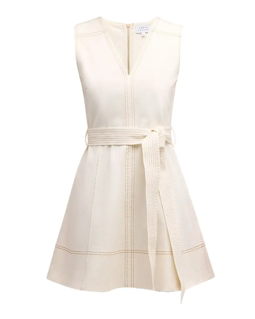 Tanya Taylor Reina Sleeveless Belted V-Neck Denim Mini Dress