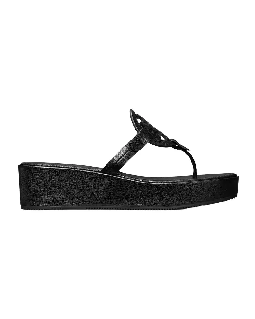 Tory Burch Miller Leather Logo Wedge Thong Sandals