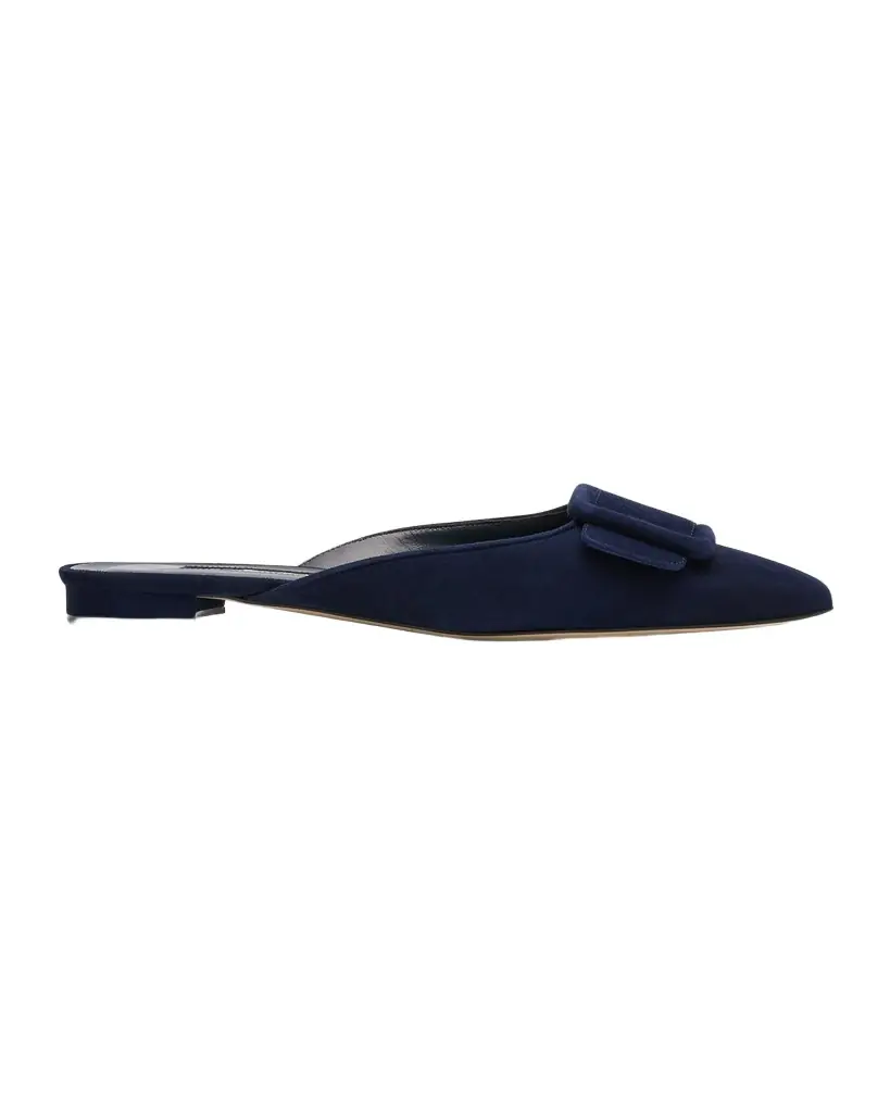 Manolo Blahnik Maysale Suede Buckle Ballerina Mules