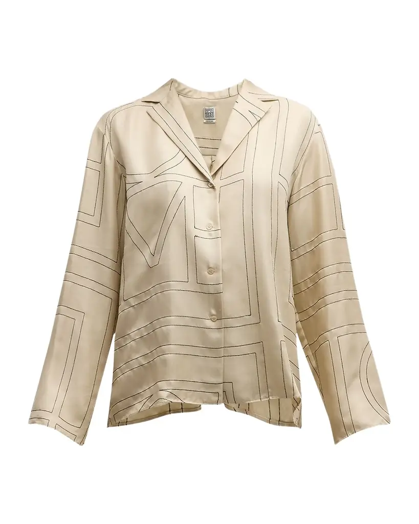 Toteme Monogram-Embroidered Silk Pajama Top