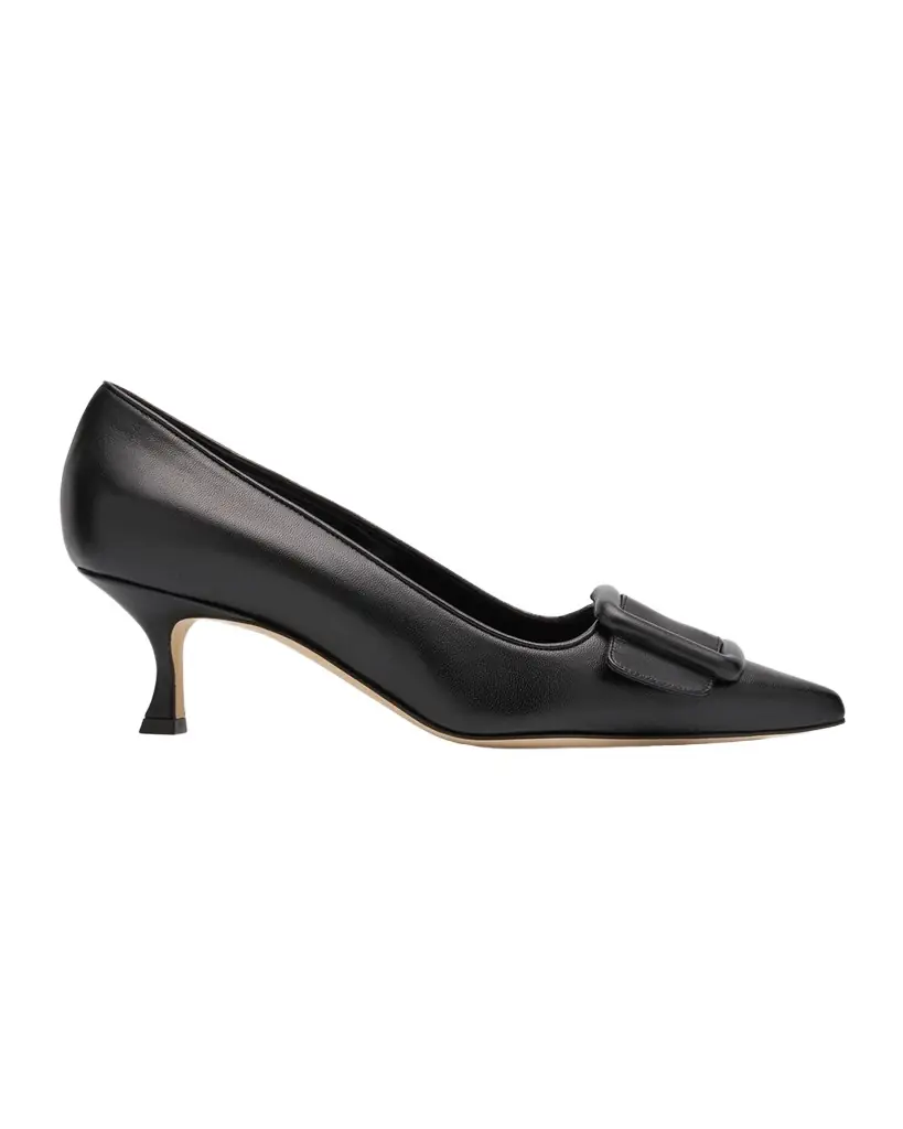Manolo Blahnik Maysale Leather Buckle Kitten Pumps