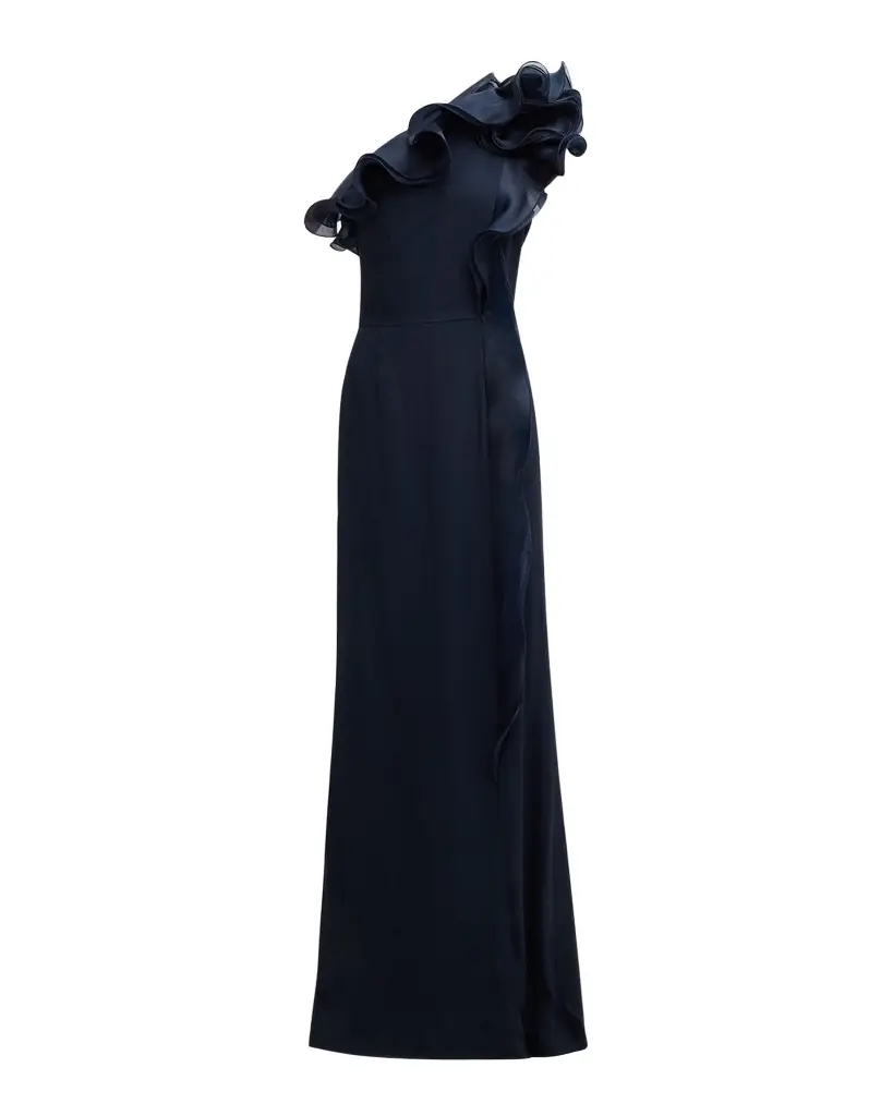 Rickie Freeman for Teri Jon One-Shoulder Ruffle Column Gown