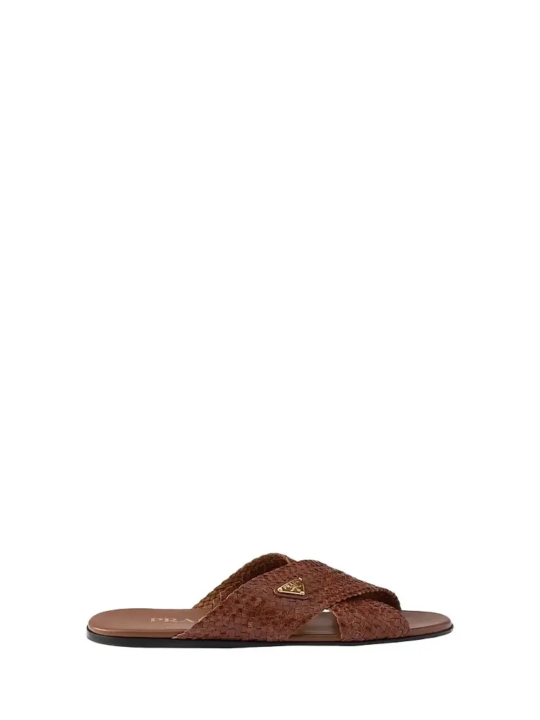 Prada Women's Woven Leather Crisscross Slides - Brown