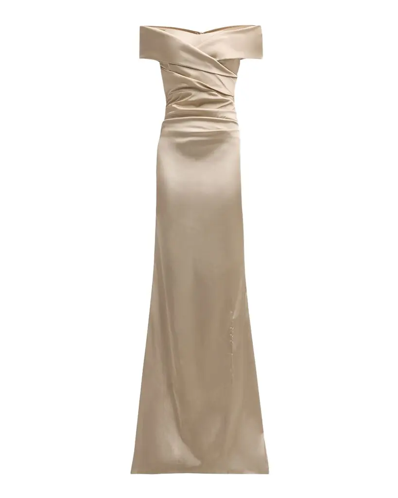 Rickie Freeman for Teri Jon Pleated Off-Shoulder Satin Column Gown