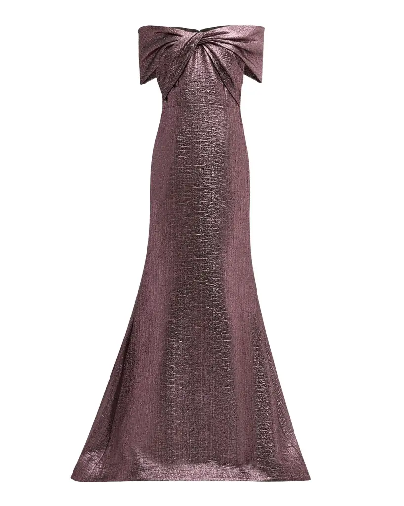 Rickie Freeman for Teri Jon Off-Shoulder Metallic Jacquard Mermaid Gown
