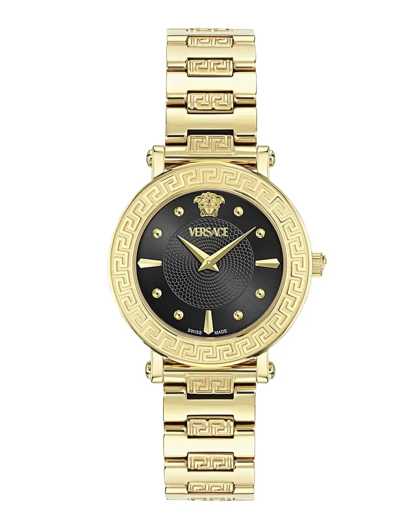 Versace 35mm Greca Sphere Watch with Bracelet Strap, Gold/Black