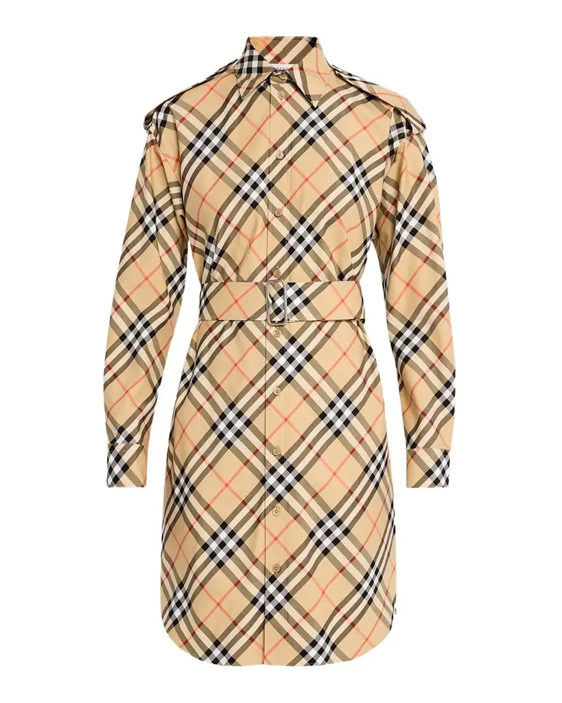 Burberry Check Belted Long-Sleeve Shirtdress