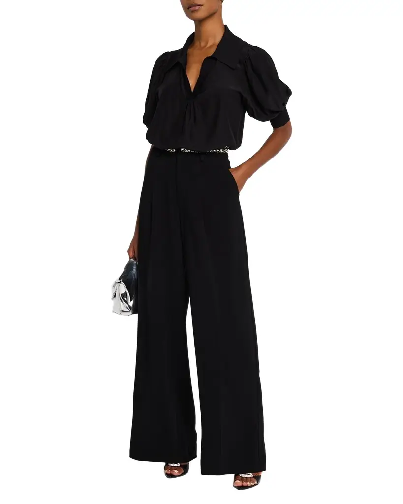 Cinq a Sept Weldon Collared V-Neck Short-Sleeve Silk Combo Top