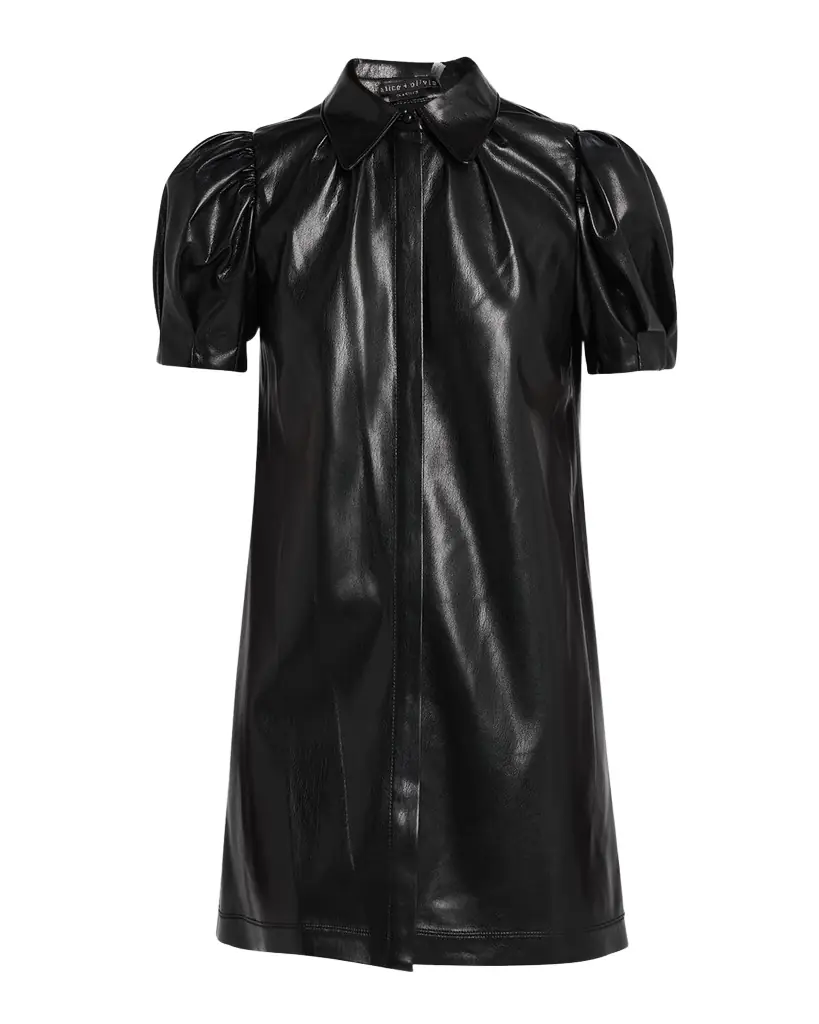 ALICE + OLIVIA Jem Vegan Leather Puff-Sleeve Shirtdress