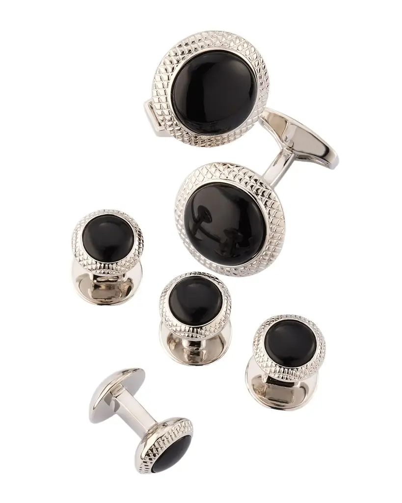 Tateossian Men 's Bullseye Black Onyx Cufflink and Stud Set