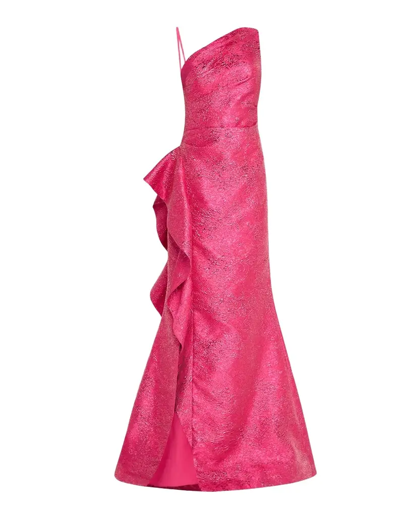Rickie Freeman for Teri Jon One-Shoulder Metallic Jacquard Trumpet Gown
